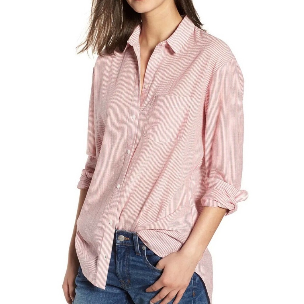 Madewell Ex-Boyfriend Striped Shirt in Strawberry Sorbet—Medium 100% Cotton